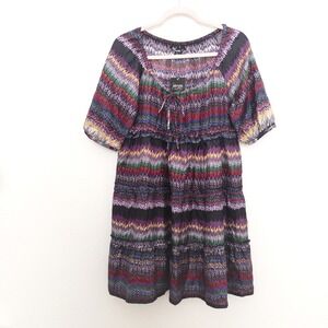 Kensie Womens Silk Dress Size L Multicolor Chevron Print Tiered Boho Indie Artsy